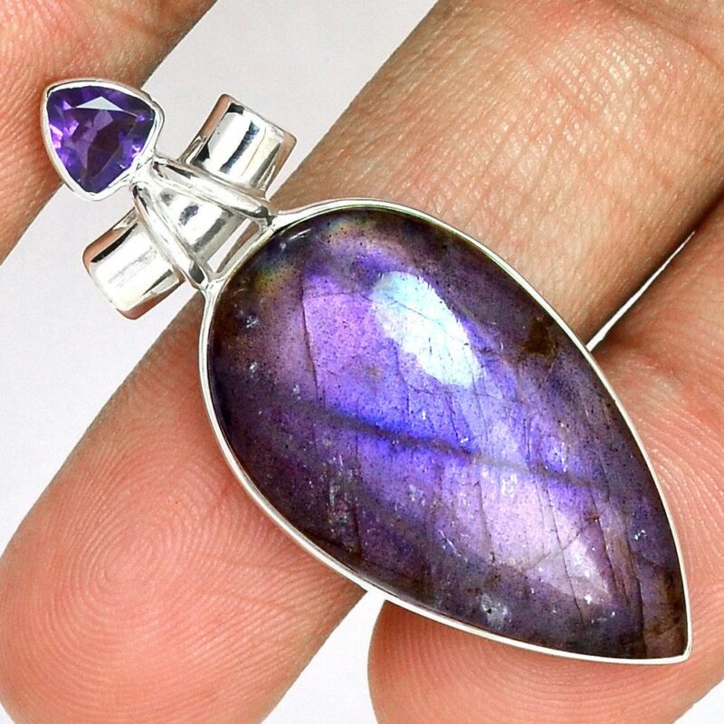 Pendentif labradorite violet-Améthyste monture argent 925 ref 8992
