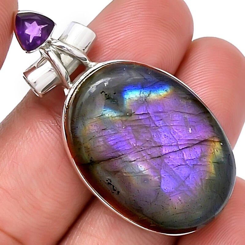 Pendentif protection labradorite violet-Améthyste monture argent 925 ref 7030