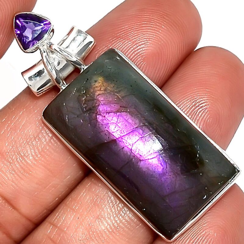 Pendentif protection labradorite violet-Améthyste monture argent 925 ref 9607