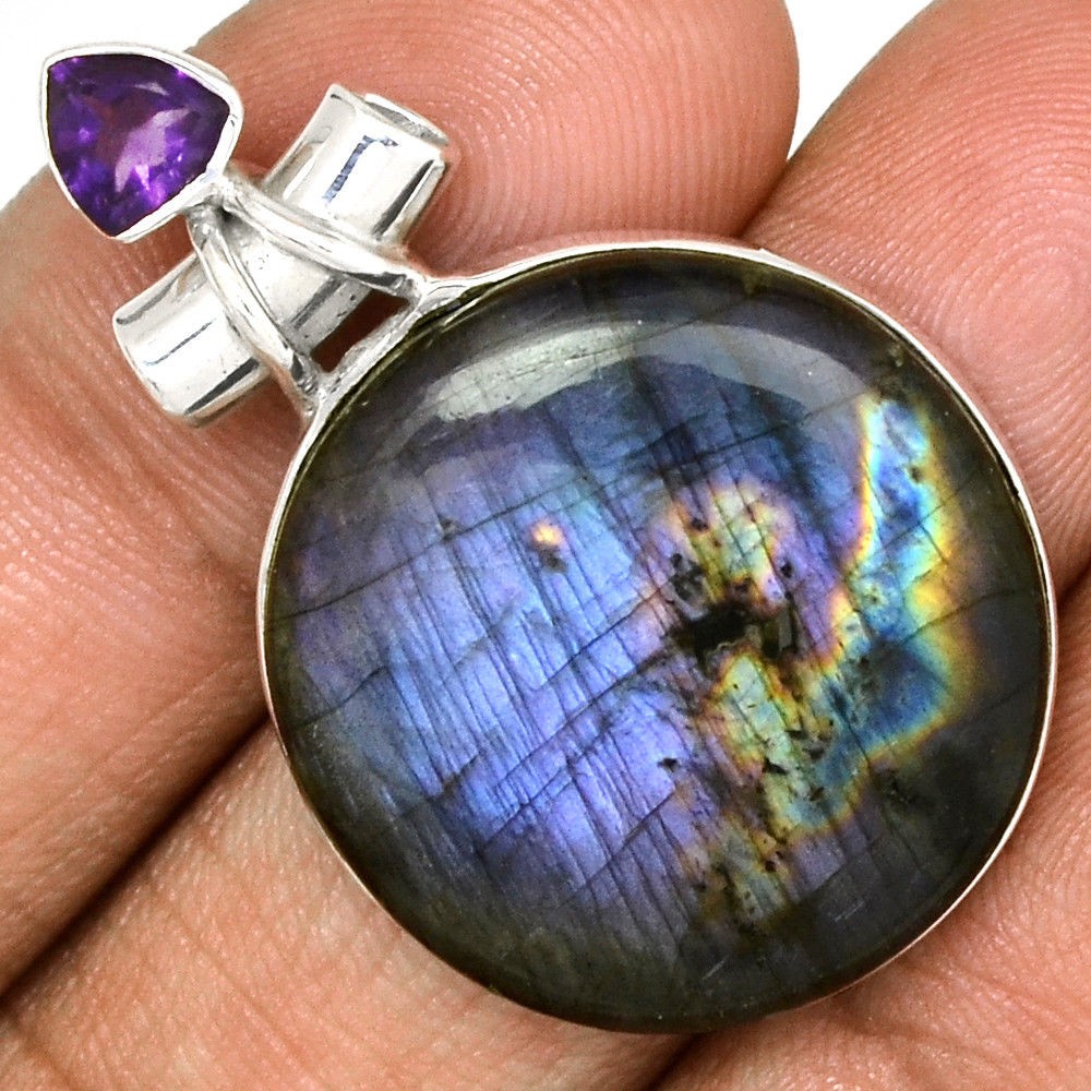 Pendentif protection labradorite violet-Améthyste monture argent 925 ref 0842