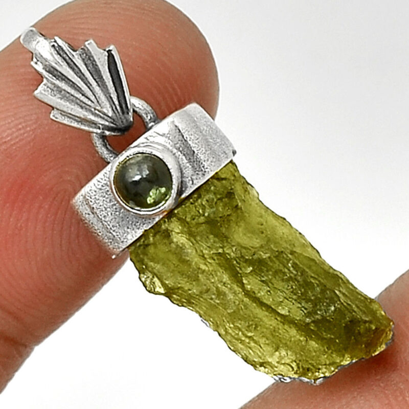 PENDENTIF MOLDAVITE & Tourmaline verte ARGT 925. RARE ! REF 8333