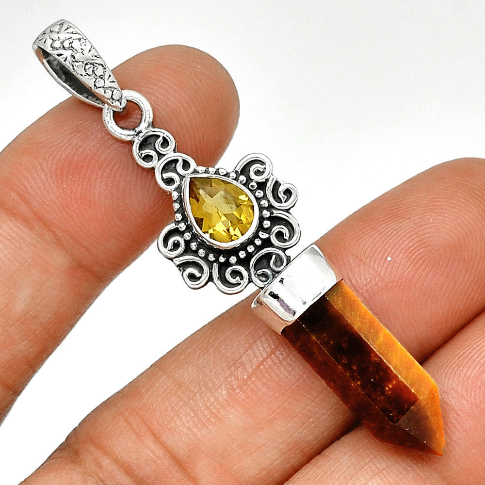 Pendentif Oeil de tigre-Citrine monture argent 925 top protection ref 0128