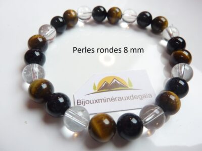 Bracelet quartz cristal de roche-Oeil de tigre-Tourmaline noire perles rondes 8 mm