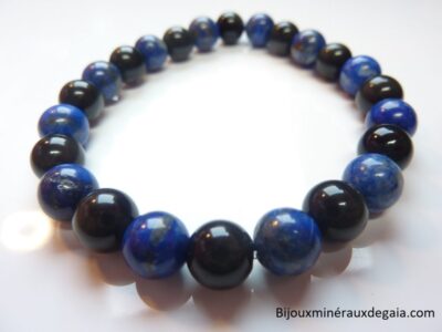 Bracelet Lapis lazuli-Obsidienne oeil céleste perles rondes 8 mm