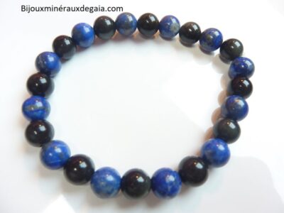 Bracelet Lapis lazuli-Obsidienne oeil céleste perles rondes 8 mm