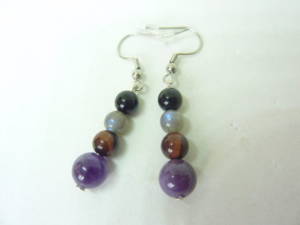 Boucles d’oreilles Amethyste,tourmaline noir,oeil de taureau,labradorite