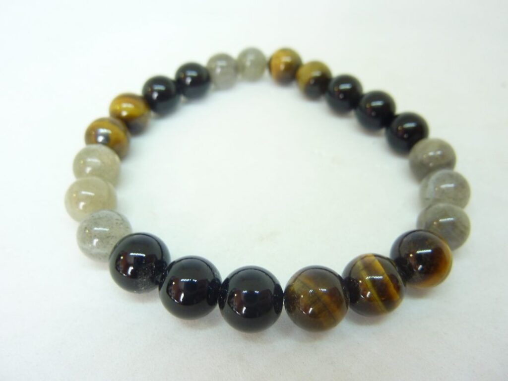 BRACELET OEIL DE TIGRE-LABRADORITE-TOURMALINE NOIRE 8MM