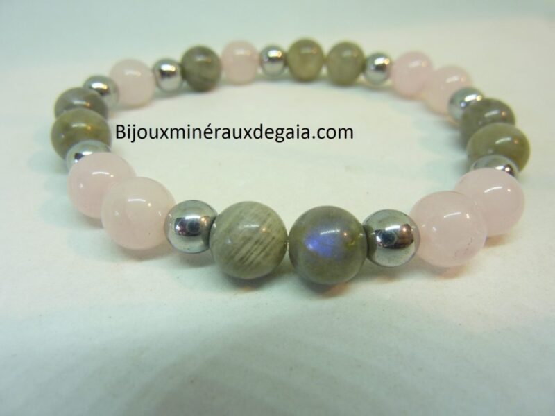 Bracelet Labradorite-hématite-quartz rose perles rondes 8 mm