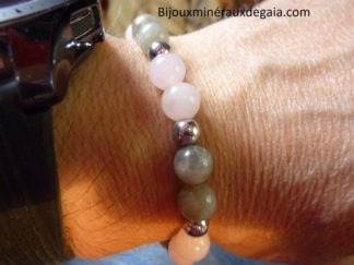 Bracelet Labradorite-hématite-quartz rose perles rondes 8 mm