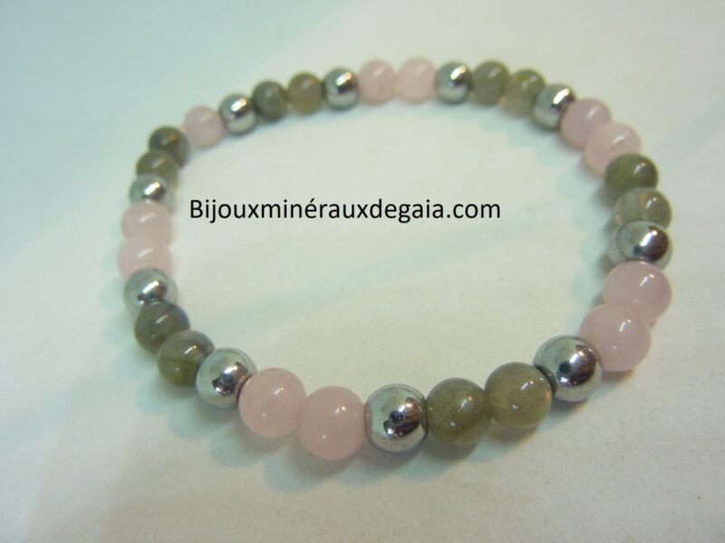 Bracelet Labradorite-hématite-quartz rose perles rondes 6 mm