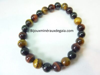 Bracelet Oeil de tigre-spinelle noir-oeil de taureau-perles 8 mm