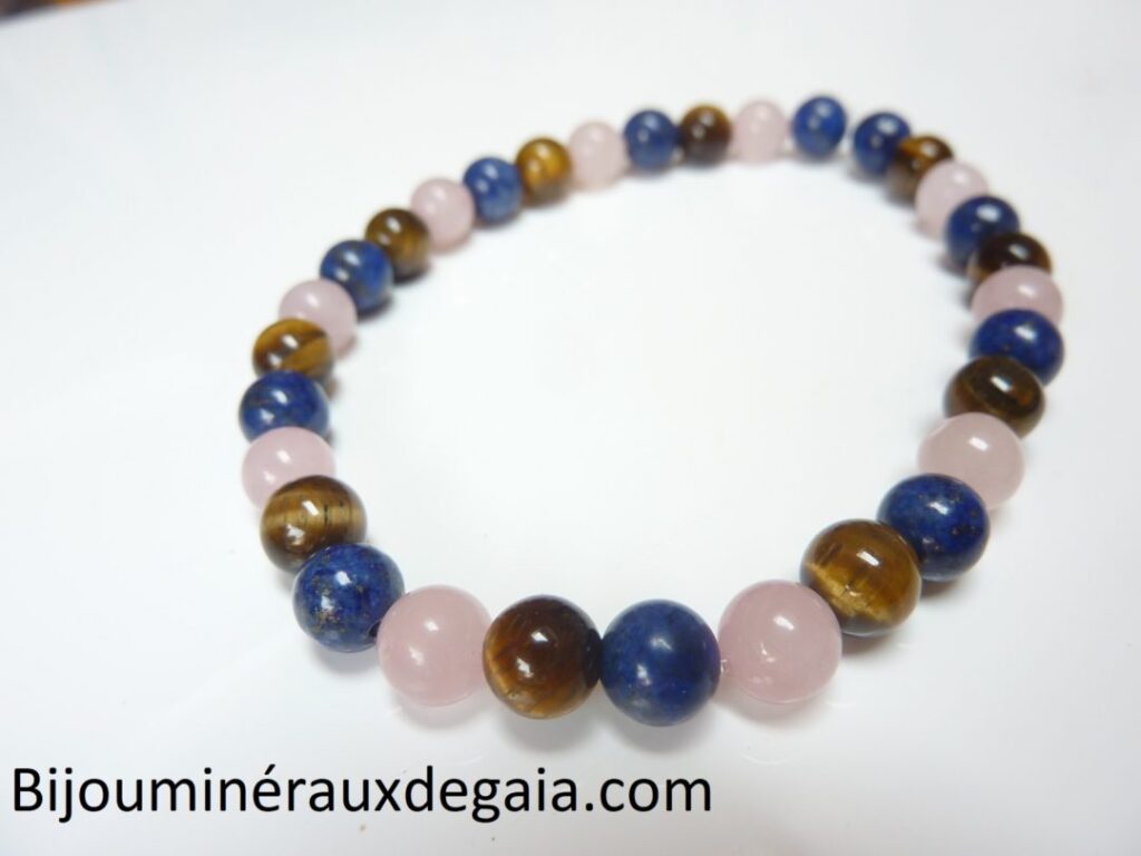 Bracelet Oeil de tigre-lapis lazuli-quartz rose