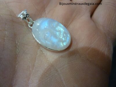 Pendentif Pierre de lune visage sculpté Monture argent 925 Ref 8988
