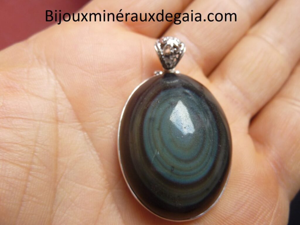 Pendentif protection obsidienne oeil celeste monture argent 925 ref 3229