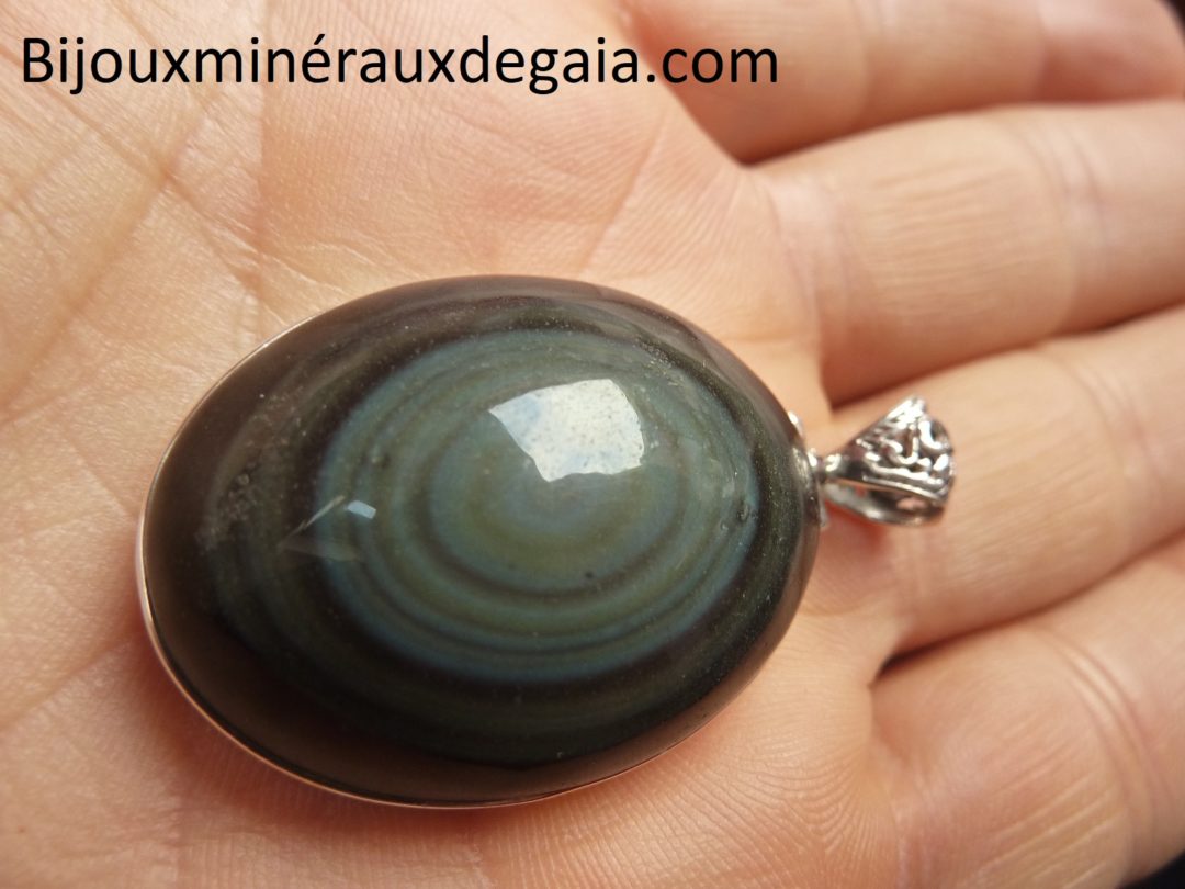 Pendentif protection obsidienne oeil celeste monture argent 925 ref 3229