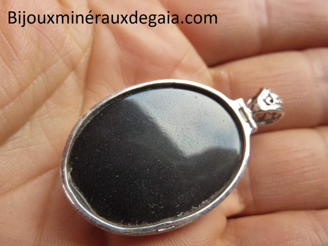 Pendentif protection obsidienne oeil celeste monture argent 925 ref 3229