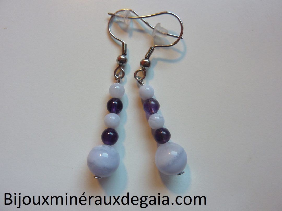 Boucles d’oreilles calcédoine bleue-Améthyste