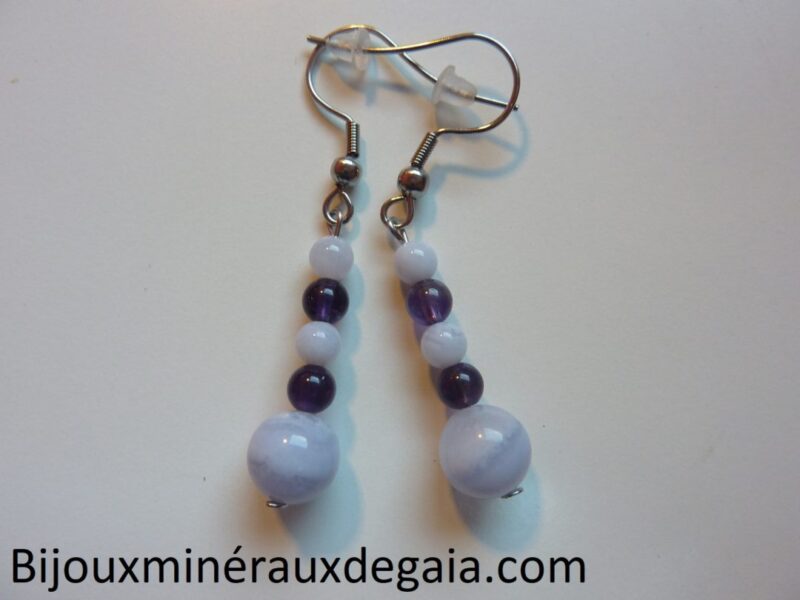 Boucles d'oreilles calcédoine bleue-Améthyste