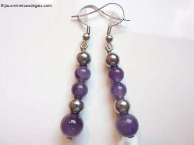 BOUCLES D'OREILLES AMETHYSTE,HEMATITE PERLES RONDES 8-6 MM