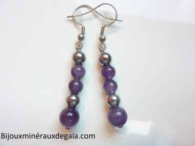 BOUCLES D'OREILLES AMETHYSTE,HEMATITE PERLES RONDES 8-6 MM