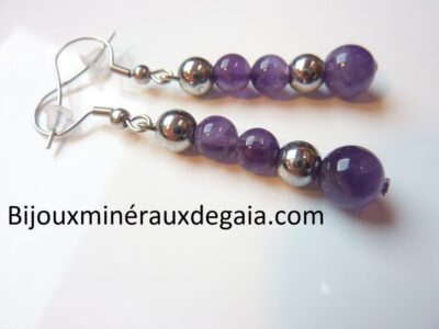 BOUCLES D'OREILLES AMETHYSTE,HEMATITE PERLES RONDES 8-6 MM