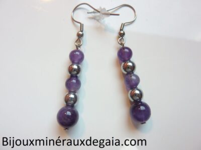 BOUCLES D'OREILLES AMETHYSTE,HEMATITE PERLES RONDES 8-6 MM