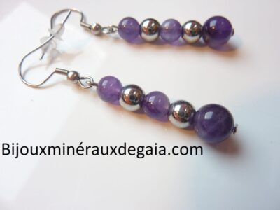 BOUCLES D'OREILLES AMETHYSTE,HEMATITE PERLES RONDES 8-6 MM