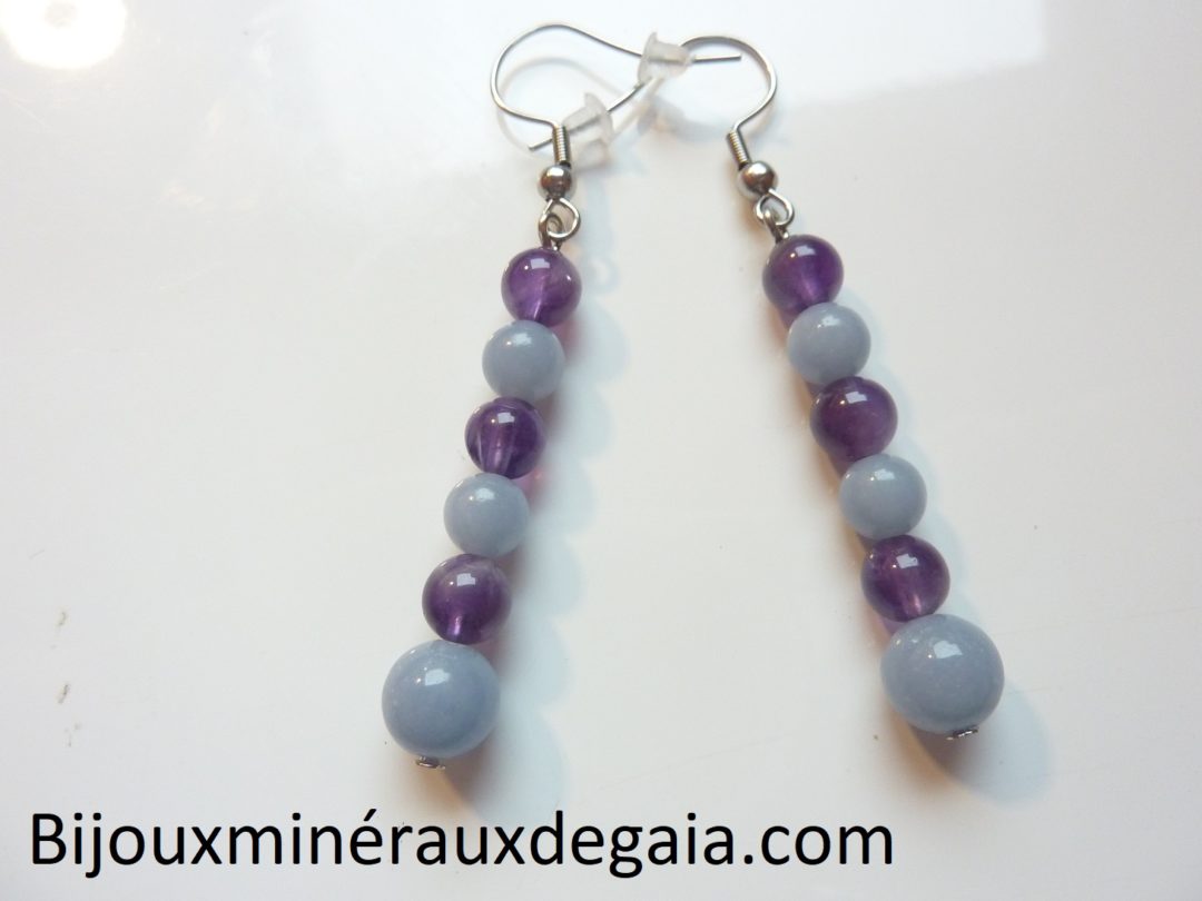 BOUCLES D'OREILLES AMETHYSTE,ANGELITE PERLES RONDES 8-6 MM