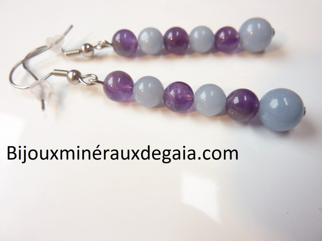 BOUCLES D'OREILLES AMETHYSTE,ANGELITE PERLES RONDES 8-6 MM