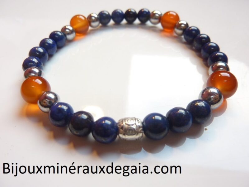Bracelet Lapis lazuli-Hématite-Cornaline perles rondes 8-6 mm