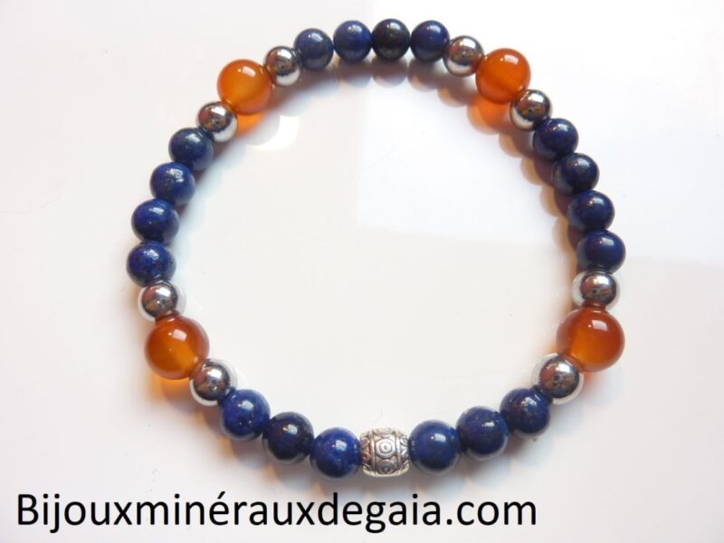 Bracelet Lapis lazuli-Hématite-Cornaline perles rondes 8-6 mm