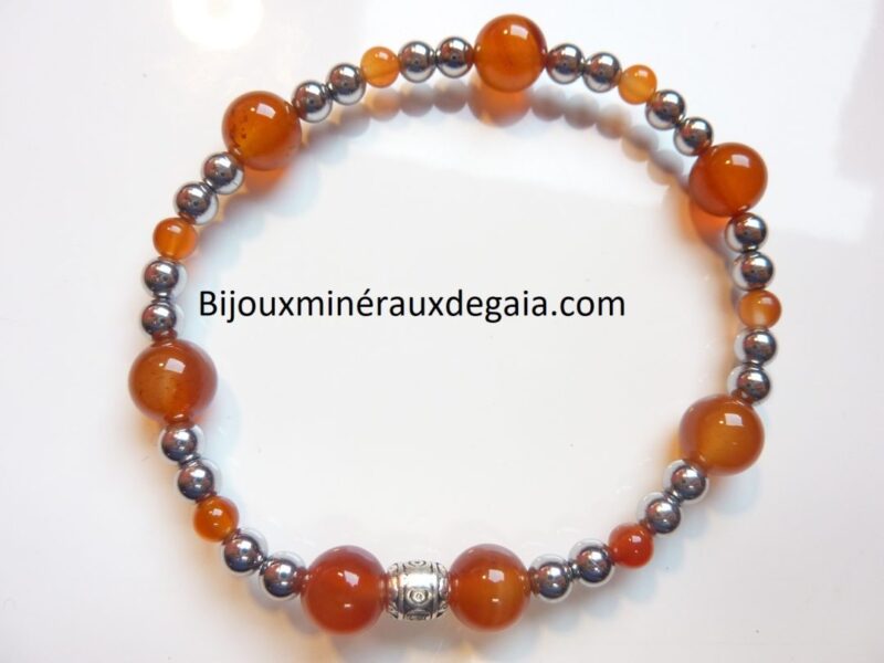 Bracelet Hématite-Cornaline perles rondes 8-4 mm