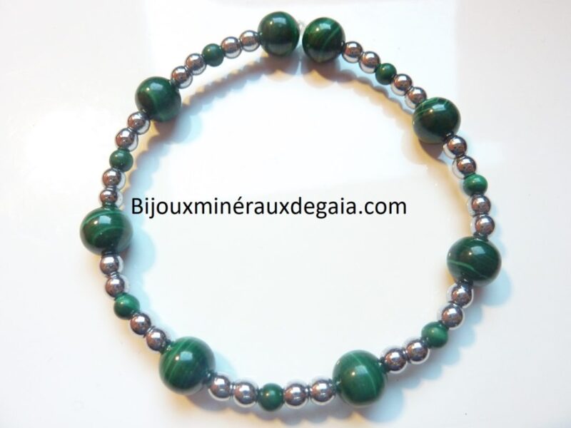 Bracelet Hématite-Malachite perles rondes 8-4 mm