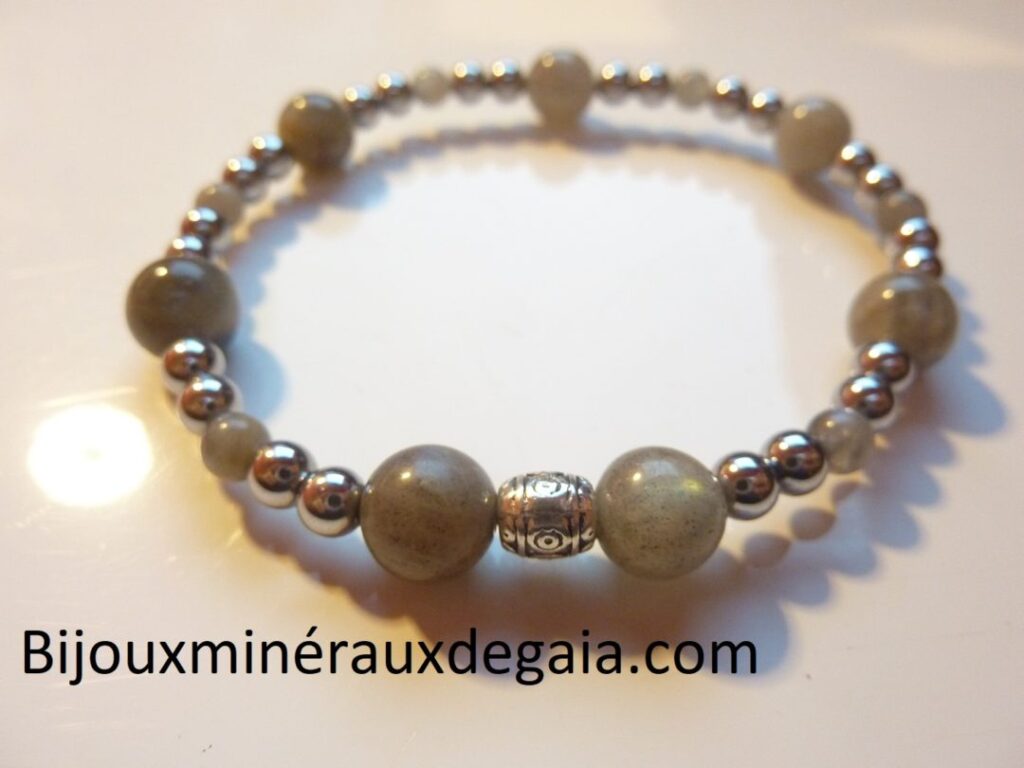 Bracelet Hématite-Labradorite perles rondes 8-4 mm
