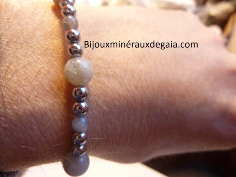 Bracelet Hématite-Labradorite perles rondes 8-4 mm
