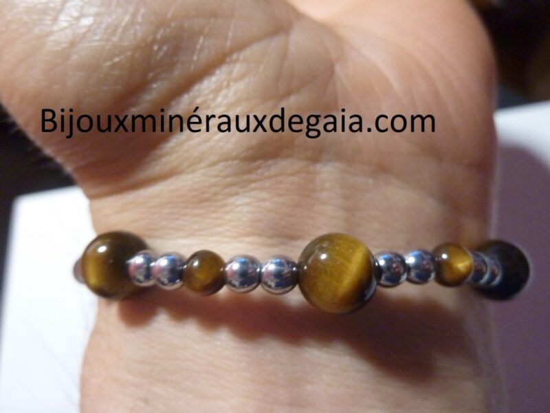 Bracelet Oeil de tigre-Hématite perles rondes 8-4 mm