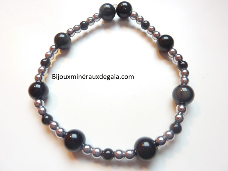 Bracelet obsidienne oeil céleste-Hématite perles rondes 8-4 mm