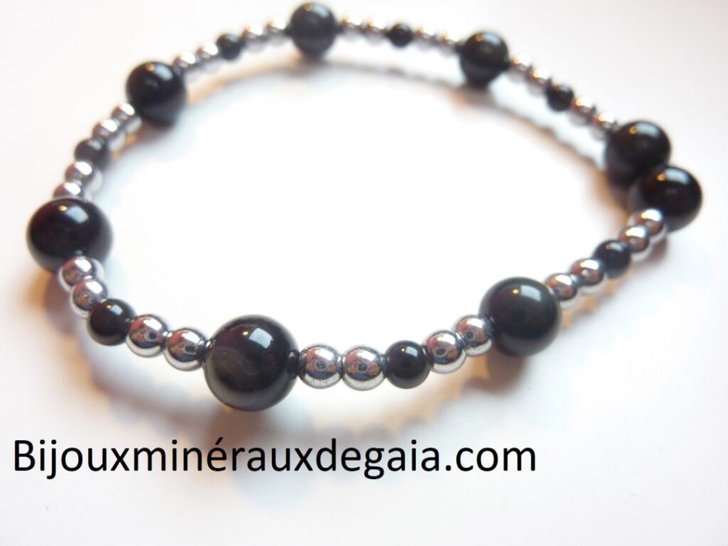 Bracelet obsidienne oeil céleste-Hématite perles rondes 8-4 mm24