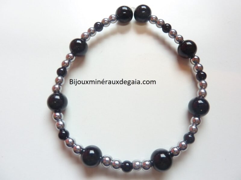 Bracelet Tourmaline noire-Hématite perles rondes 8-4 mm