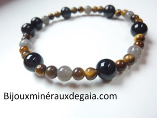 Bracelet Oeil de tigre-Tourmaline noire-Labradorite perles rondes 8-6-4 mm