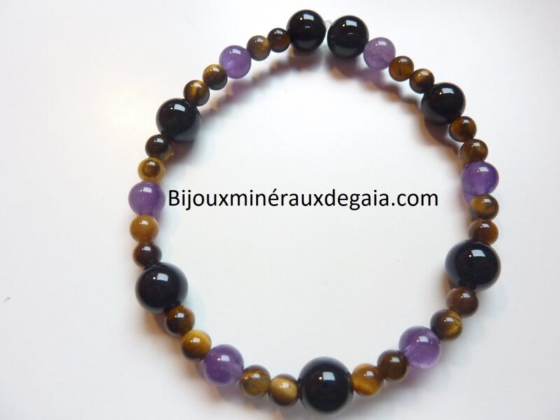 Bracelet Oeil de tigre-Tourmaline noire-Améthyste perles rondes 8-6-4 mm