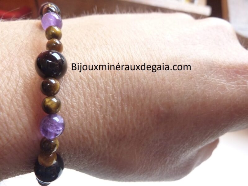 Bracelet Oeil de tigre-Tourmaline noire-Améthyste perles rondes 8-6-4 mm