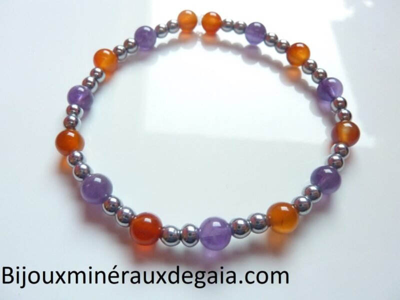 Bracelet Cornaline-Améthyste-Hématite perles rondes 6-4 mm