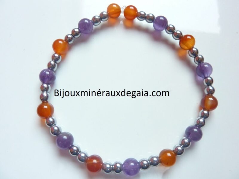 Bracelet Cornaline-Améthyste-Hématite perles rondes 6-4 mm