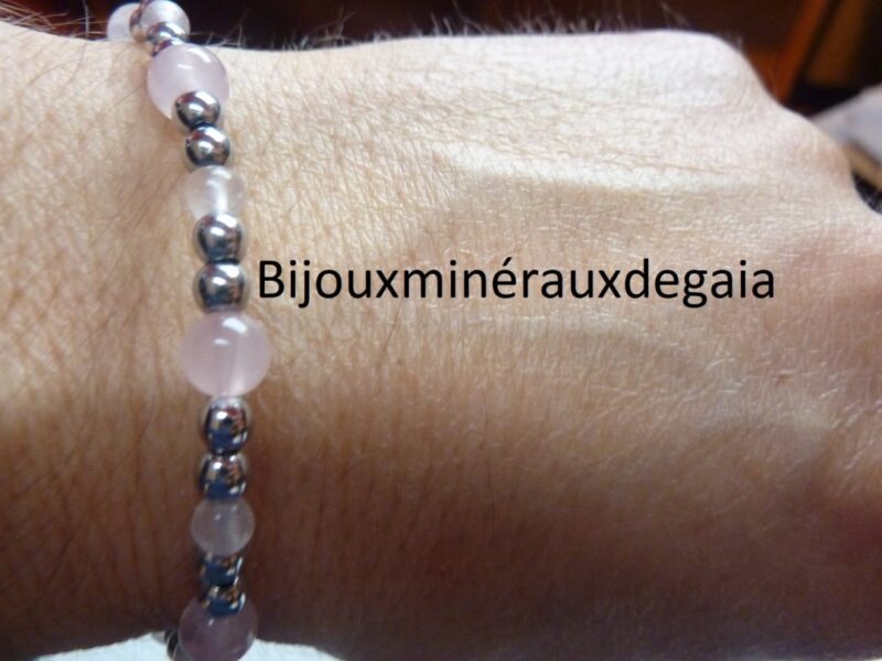 Bracelet Quartz rose-Hématite perles rondes 6-4 mm