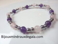 Bracelet Quartz rose-Améthyste-Hématite perles rondes 6-4 mm