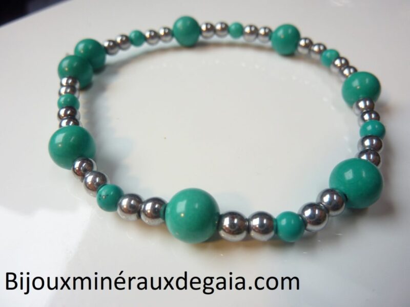 Bracelet Turquoise-Hématite perles rondes 7,5-4 mm