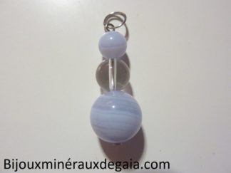 Pendentif calcédoine bleue-Quartz cristal de roche : perles rondes 14-10-8 mm