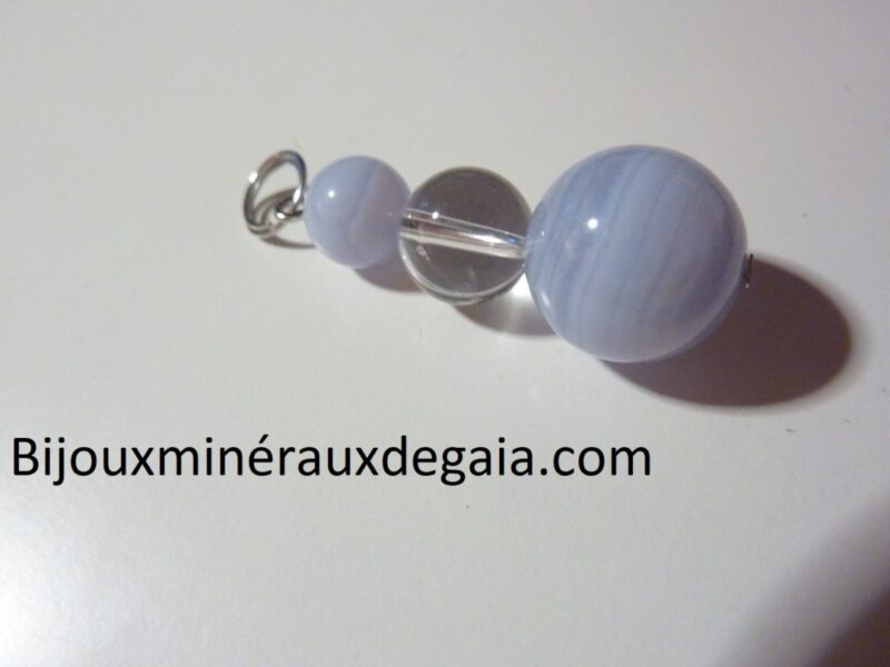 Pendentif calcédoine bleue-Quartz cristal de roche : perles rondes 14-10-8 mm