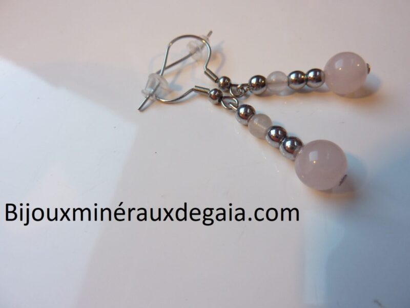 Boucles d'oreilles Quartz rose-Hématite perles rondes 6-4 mm